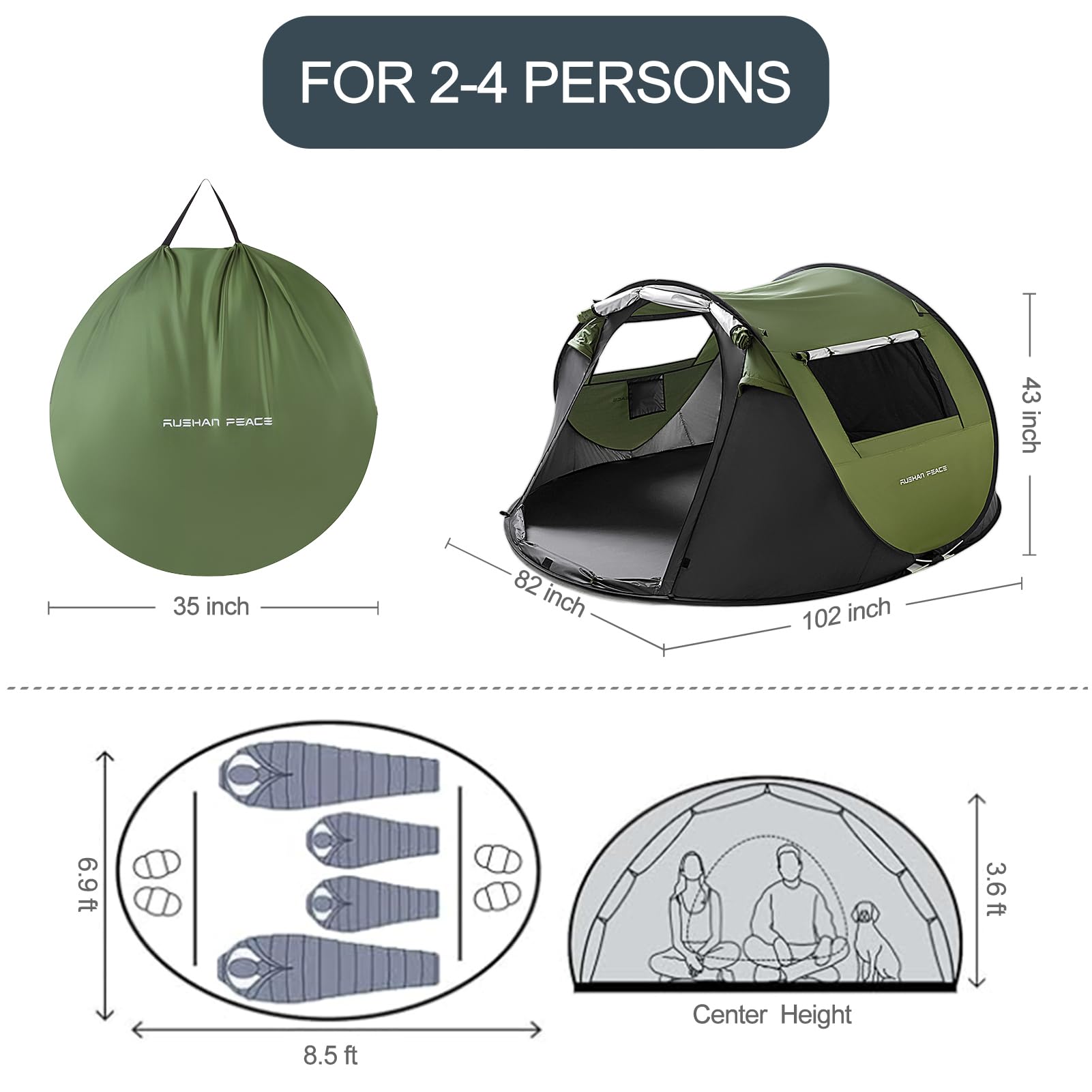 Instant Pop Up Tent for Camping - Water Resistant Dome Tent with Carry Bag | Easy Setup for Family Camping, Hiking & Outdoor Adventures | Perfect for 3-Season Use in Parks, Beaches & Backyards