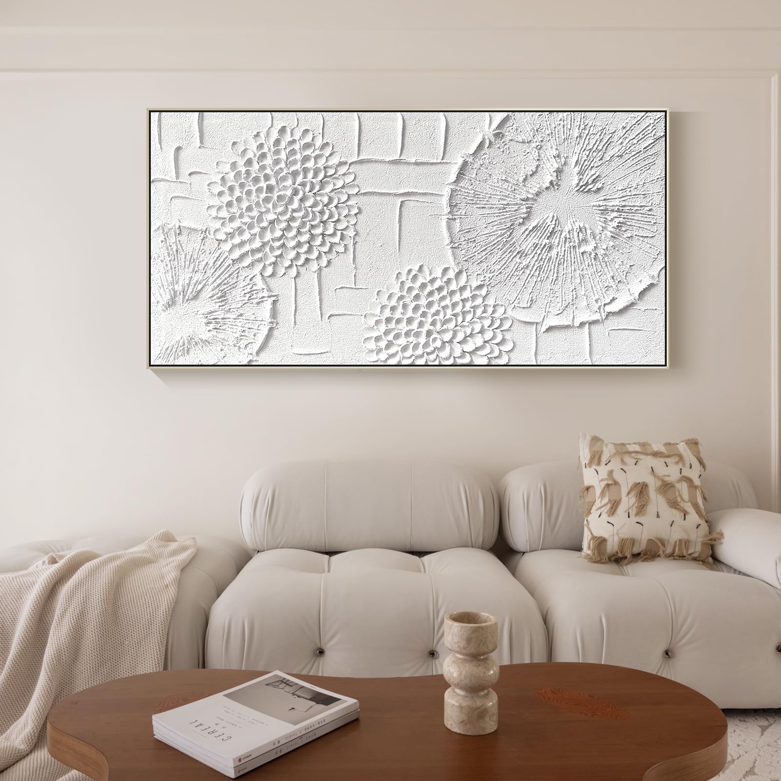 Large White Textured Canvas Wall Art - Hand Painted 3D Dandelion Oil Painting Wabi Sabi Minimalist Gold Framed Artwork (48x24 Inches) - Perfect for Living Room, Bedroom & Office Wall Decor | Modern Boho Home Aesthetic