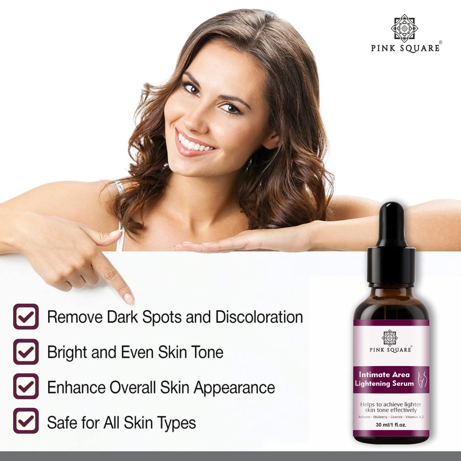 Pink Square Intimate Lightening Serum for Underarms, Inner Thighs, Knees & Bikini Area - 30ml Skin Brightening Cream for Women - Dark Spot Corrector for Sensitive Areas - Perfect for Daily Use & Post-Waxing Care