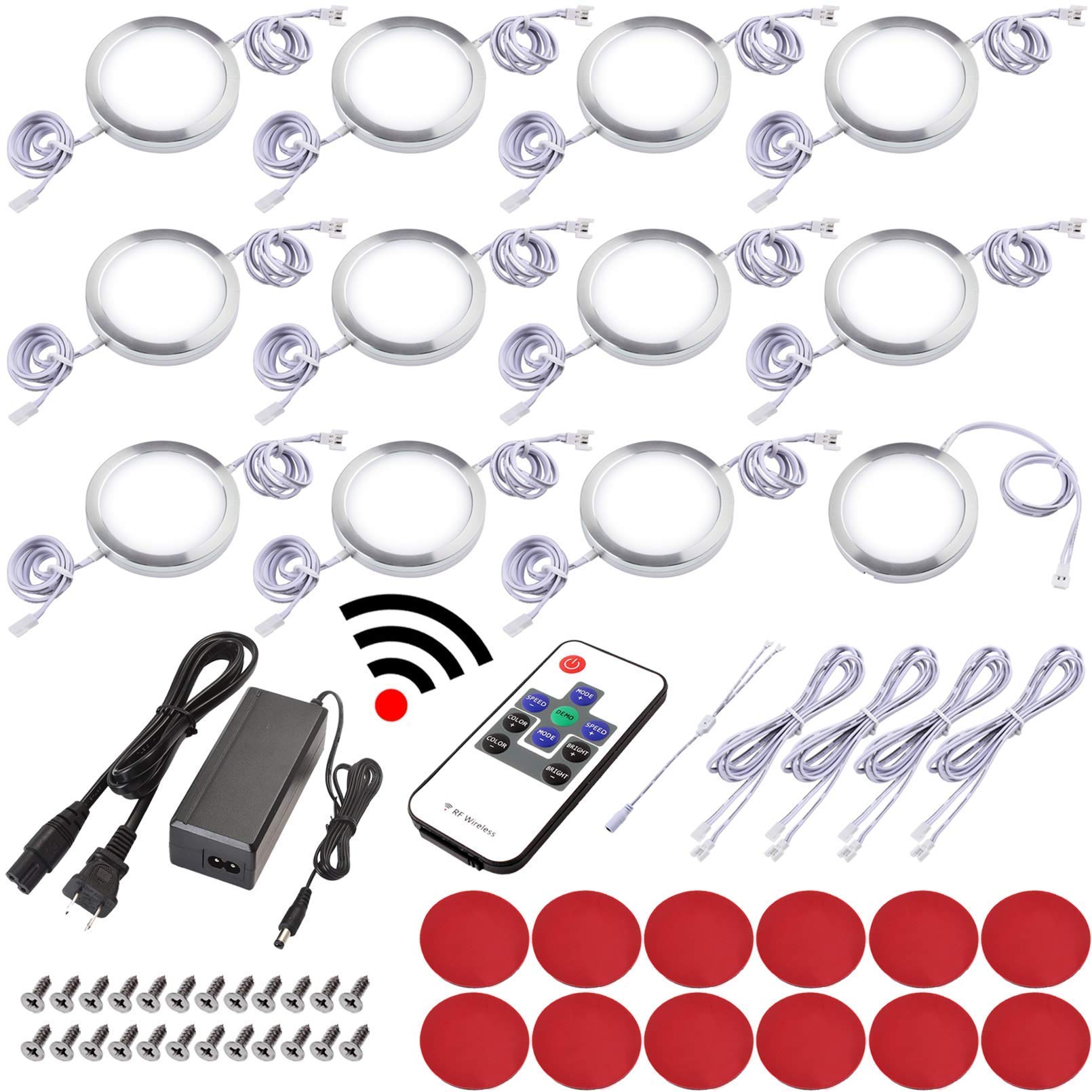 Dimmable Under Cabinet LED Lighting Kit with Wireless RF Control - Linkable Puck Lights for Kitchen, Hardwired or Plug-in, 12/6 Lights Daylight White - Perfect for Countertops, Pantries & Display Shelves
