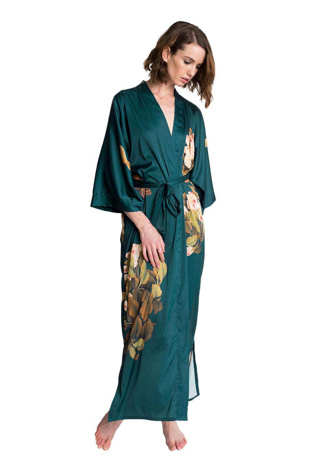 KIM+ONO Women's Charmeuse Kimono Robe Long Sleeve - Elegant Watercolor Floral Print Lightweight Loungewear for Spa, Bridal Shower & Relaxation at Home