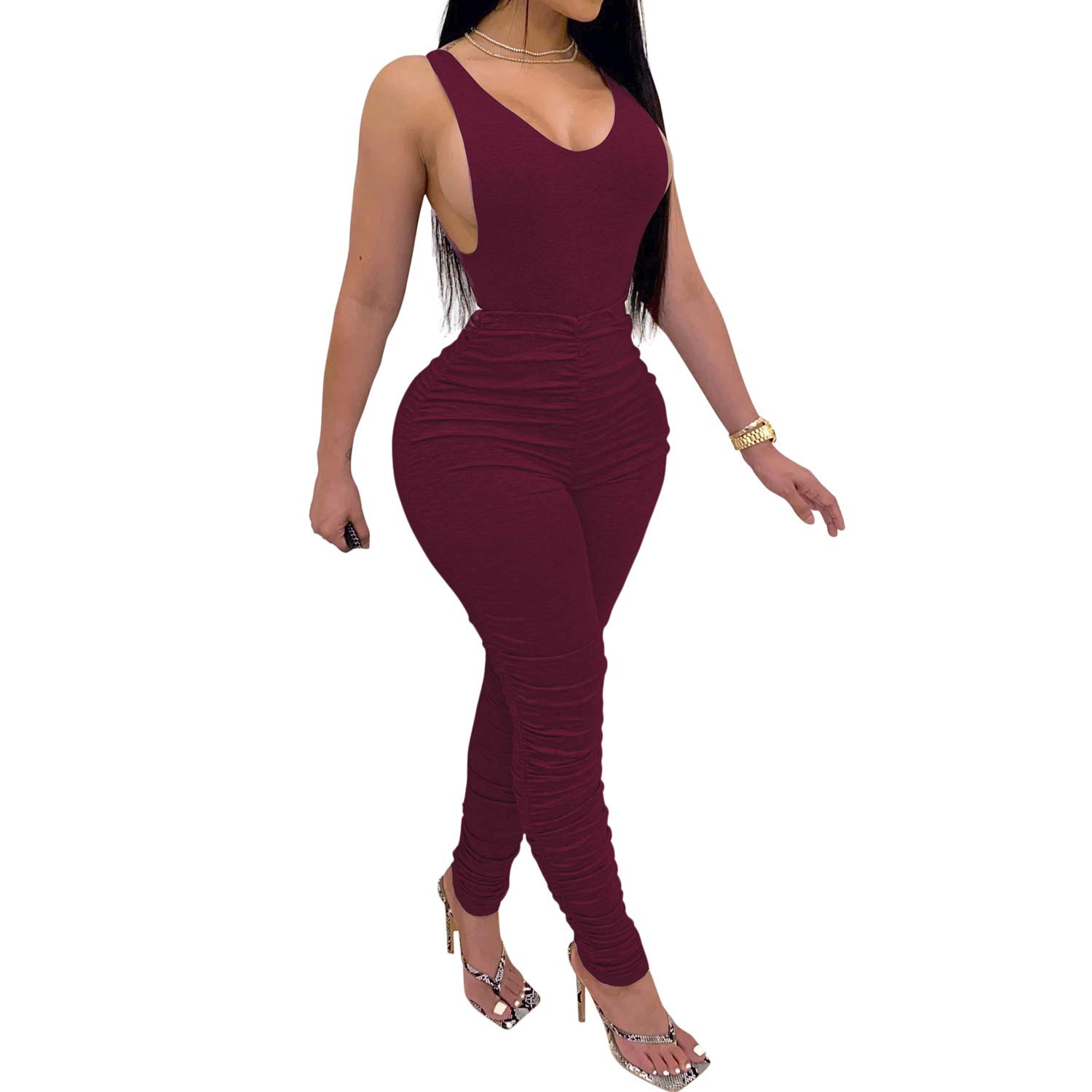 Sedrinuo Women's 2 Piece Outfits - Sexy Sleeveless Bodysuit & Ruched Long Pants Tracksuit Set for Workout, Yoga, and Casual Wear