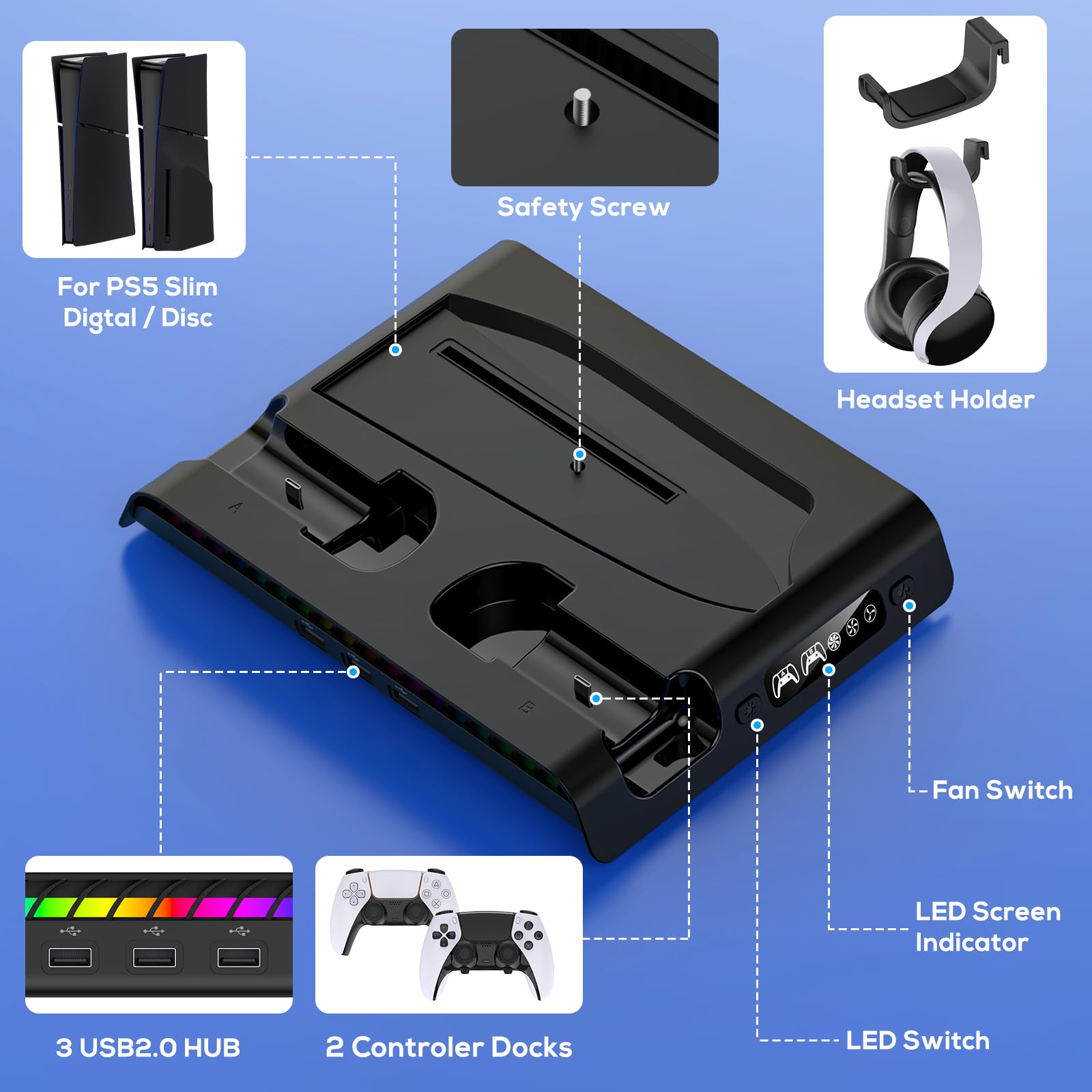 FYOUNG Vertical Stand for PS5 Slim with Cooling Fan & Controller Charging Station, Multifunctional Cooling Stand for Playstation 5 Slim Accessories with 9 RGB Lights (Black) - Perfect for Gaming Setup and Console Protection