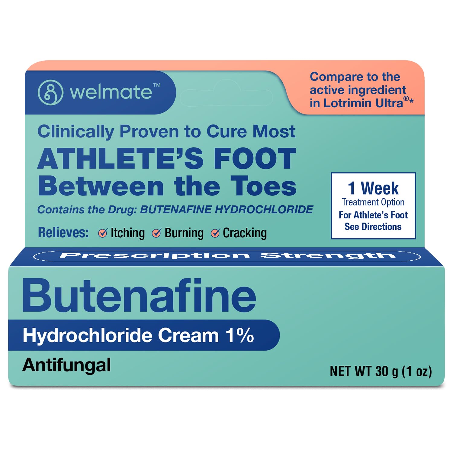 WELMATE Extra Strength Athlete's Foot Treatment Cream - 1oz Antifungal with Butenafine Hydrochloride for Ringworm, Jock Itch & Toenail Fungus Relief - Effective Foot Care Solution for Athletes & Active Lifestyles