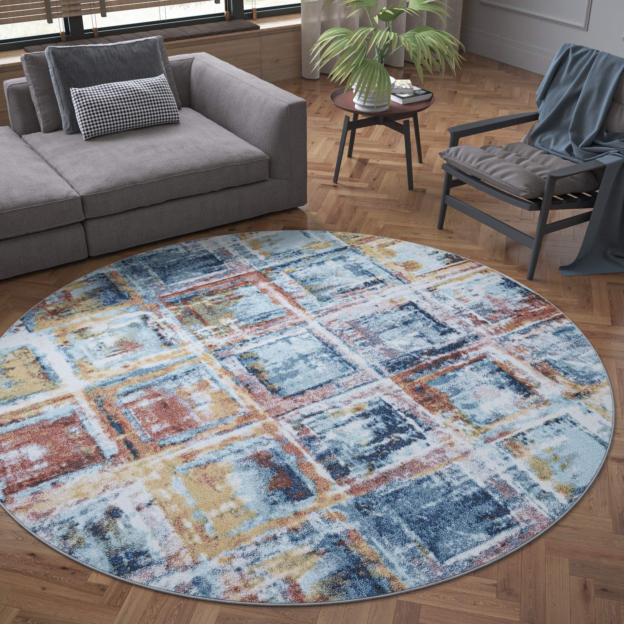 Tayse Rowan Navy 6 Foot Round Area Rug - Modern Abstract Design for Living Room, Bedroom & Dining Room - Soft & Durable Floor Covering for Home Decor