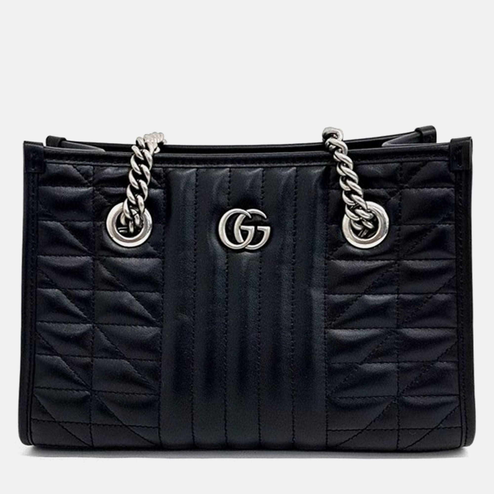 Black Calfskin Matelasse Aria Small GG Marmont Shoulder Tote Bag | Luxury Designer Handbag for Women | Perfect for Work, Travel & Evening Out