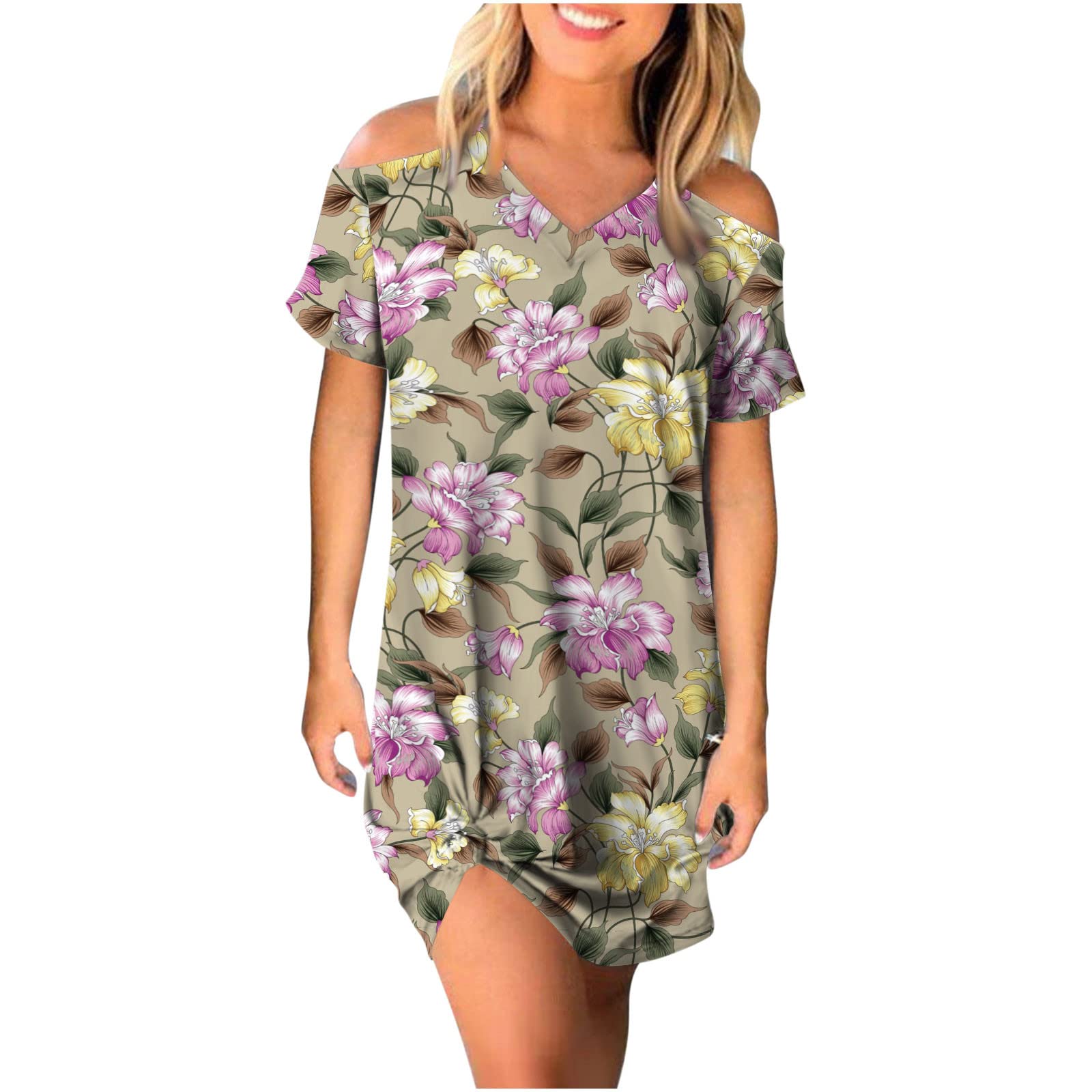 Women's Summer Cold Shoulder Dress - Floral Print V-Neck Loose Mini Sundress for Beach Vacation, Casual Outings & Date Nights