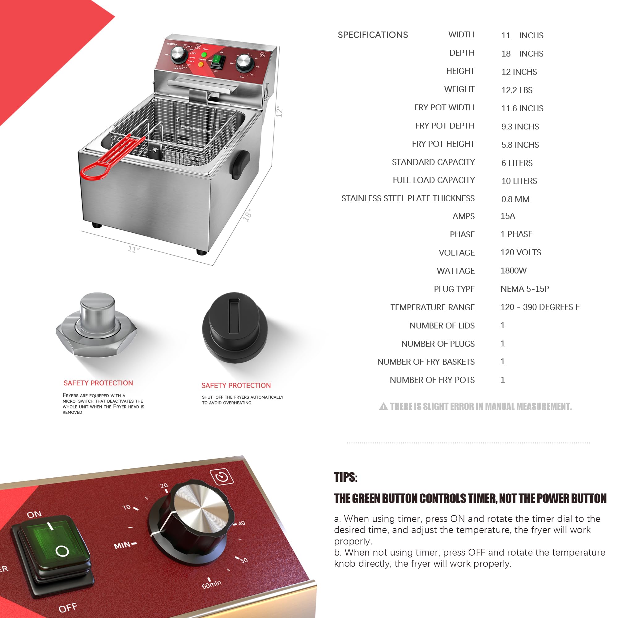10L (10.5QT) Electric Deep Fryer with Basket - 1800W Single Tank Countertop Fryer with 60-Min Timer for Home Kitchen & Restaurant Use | Perfect for Frying Chicken, Fish, French Fries & More