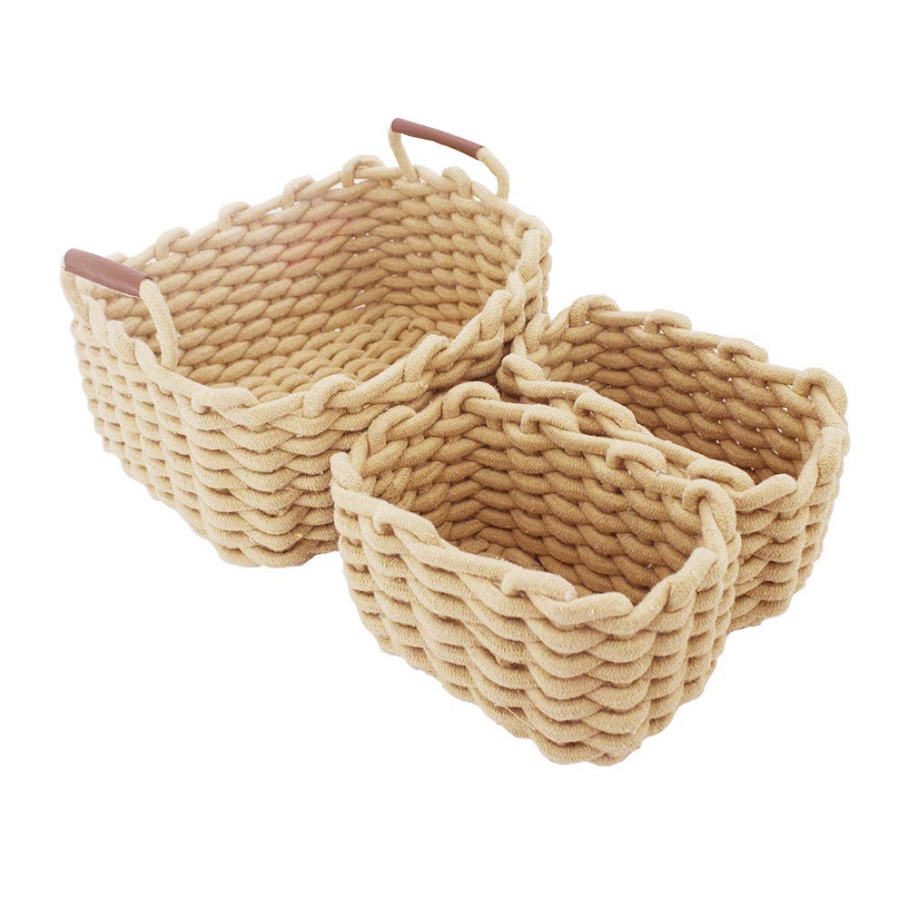JJSQYLAN Cotton Rope Storage Baskets - Set of 3 Beige Woven Decorative Bins for Shelves | Perfect for Organizing Baby Clothes, Toys, Towels, Books & Nursery Essentials | Home Decor & Storage Solution