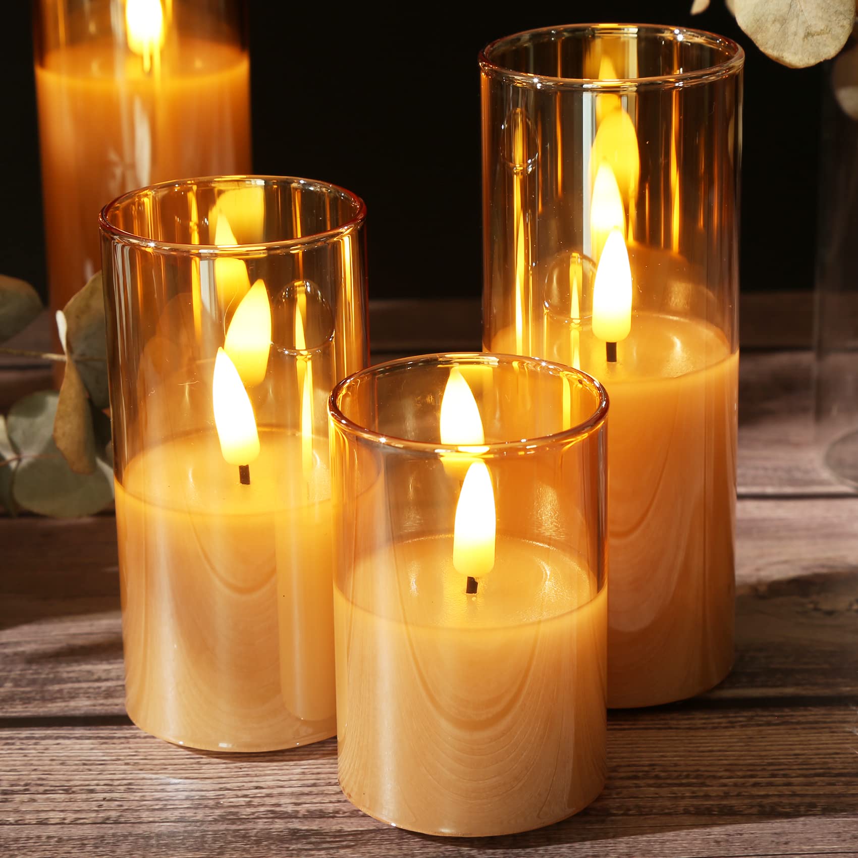 Premium Gold Glass Flameless Candles with Remote Control - Set of 5 Slim Tall Flickering LED Votive Pillar Candles for Christmas, Weddings, Home Decor & Romantic Ambiance