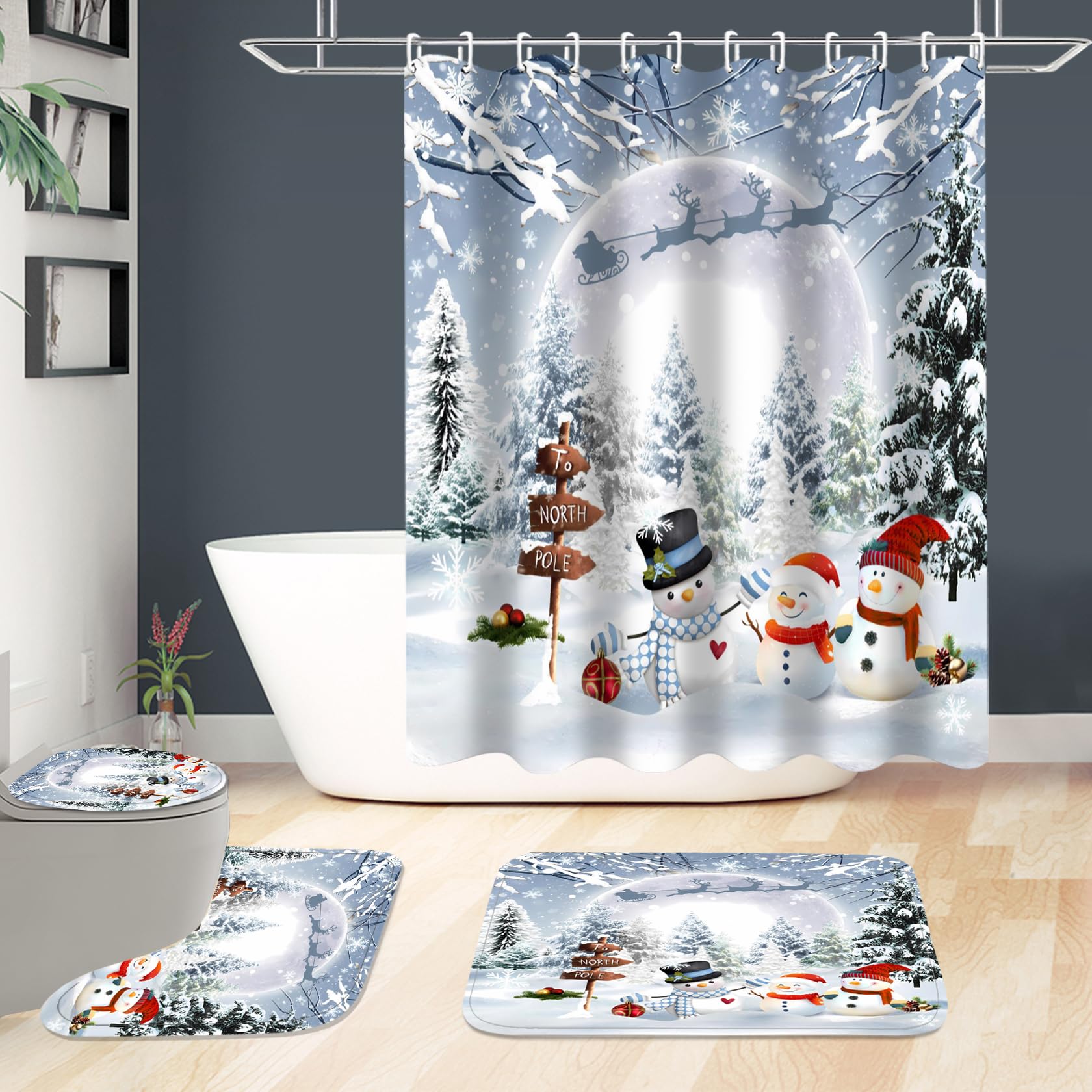 70x70 Inch Christmas Snowman Shower Curtain Set - Waterproof Holiday Bathroom Decor with Matching Rugs (4-Piece) for Winter & Xmas Bathroom Decoration | Perfect for Festive Home Decor & Gift Giving