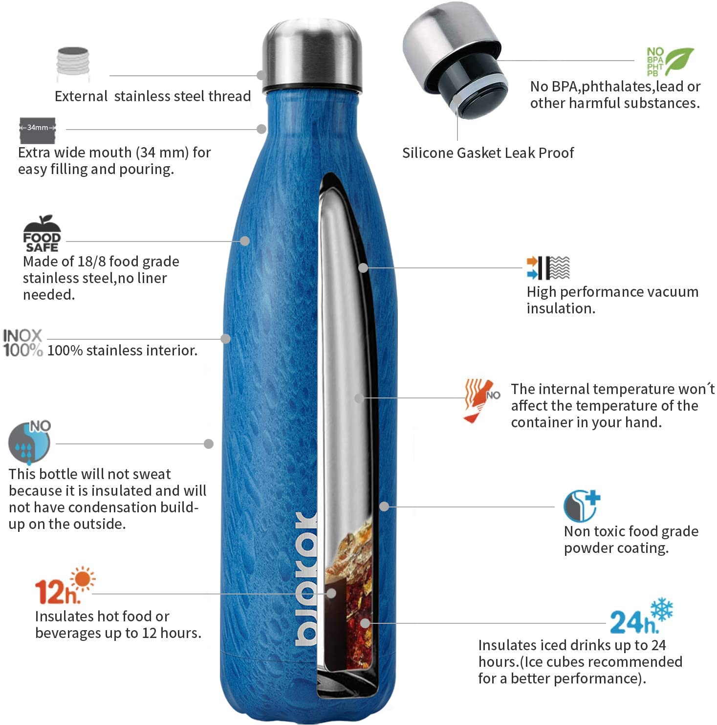BJPKPK 25oz Stainless Steel Insulated Water Bottle - Keeps Drinks Cold for 24 Hours & Hot for 12 Hours - Wood Ice Blue - Perfect for Hiking, Gym, Office & Outdoor Activities