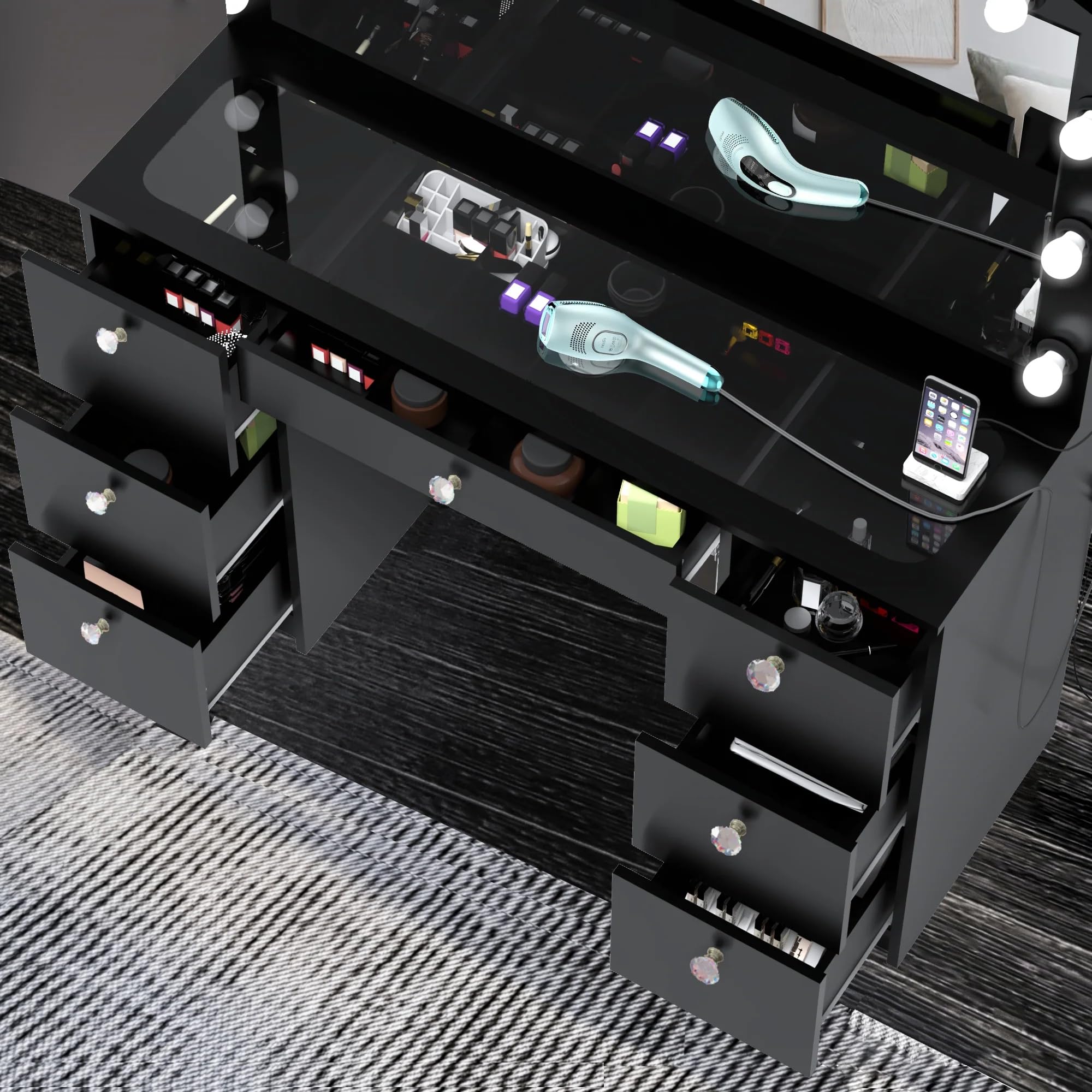 Boahaus Yara Large Makeup Vanity Desk with Hollywood Lights & 7 Drawers - USB Type-C/A Ports, 110V Outlet, Hair Dryer Hanger - Glass Top & Crystal Knobs - Black Finish for Bedroom, Dressing Room & Beauty Salon