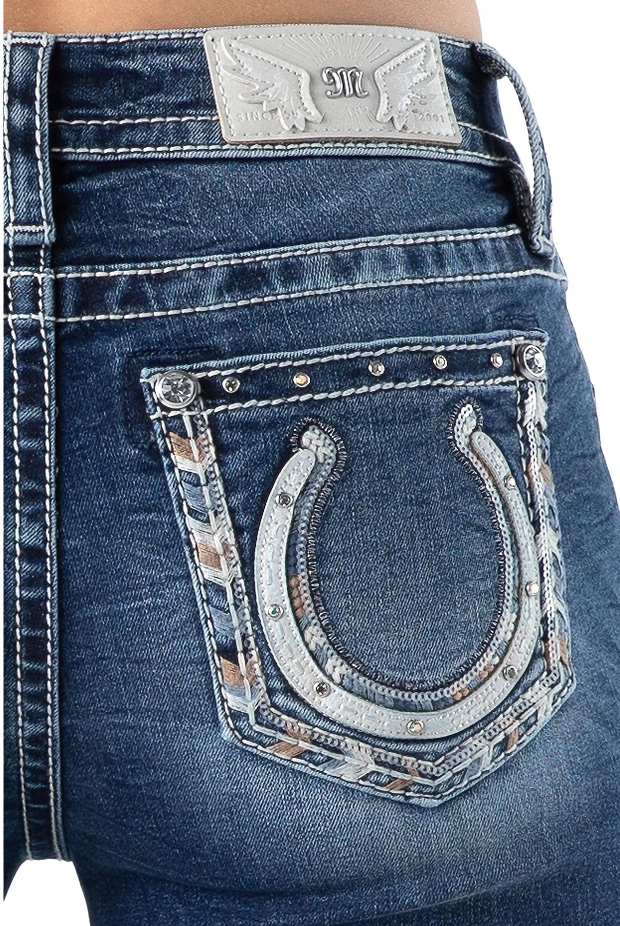 Miss Me Women's Studded Horseshoe Embellished Pocket Mid-Rise Capri Jeans - Stylish Stretch Denim Pants for Casual Wear & Night Out