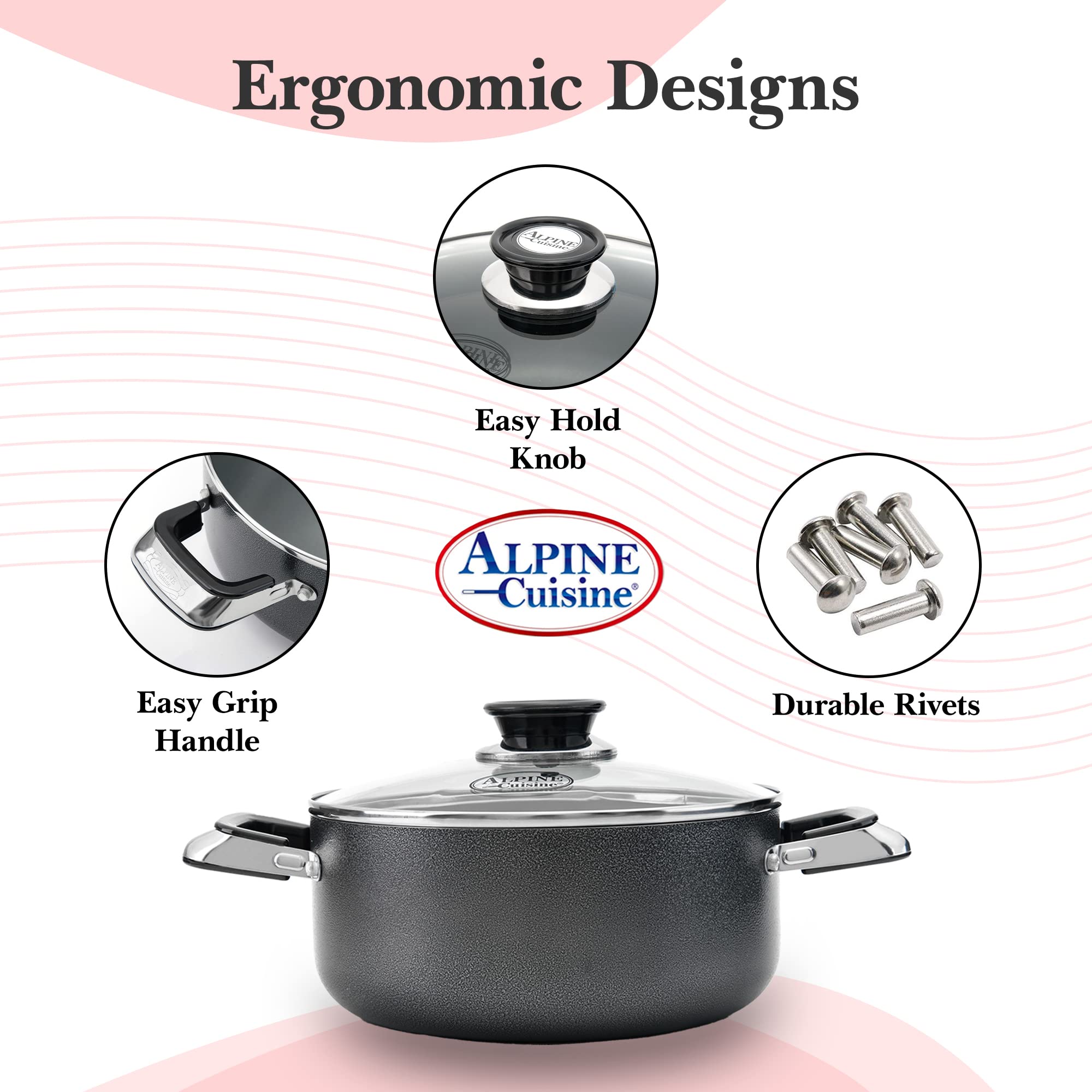 Alpine Cuisine 8.5 Quart Non-Stick Aluminum Dutch Oven with Tempered Glass Lid - Multi-Purpose Cookware for Braising, Boiling, Stewing, Soups & Pasta - Perfect for Home Cooking, Camping & Large Family Meals
