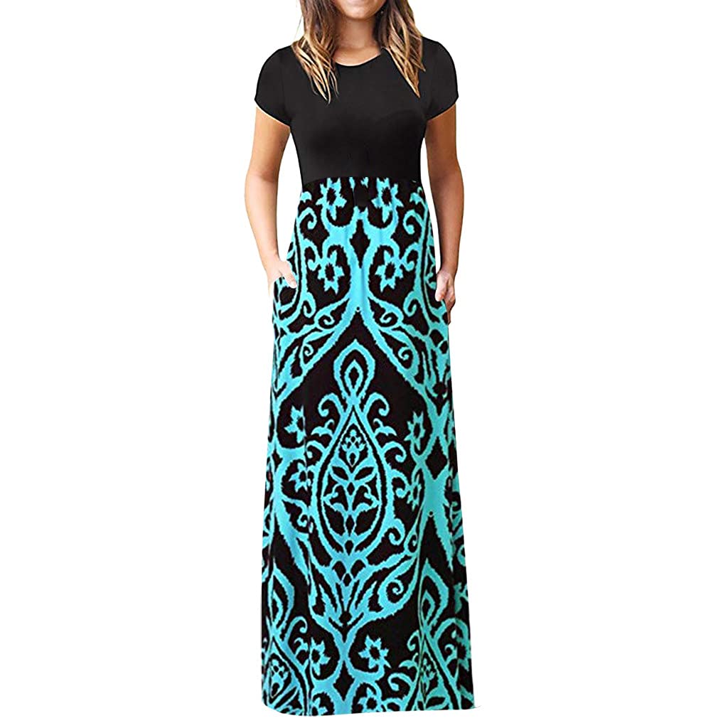 Nulairt Women's Casual Loose Pocket Long Dress - O-Neck Patchwork Print Short Sleeve Maxi Dress in Blue | Perfect for Summer Outings, Beach Vacations & Boho Style