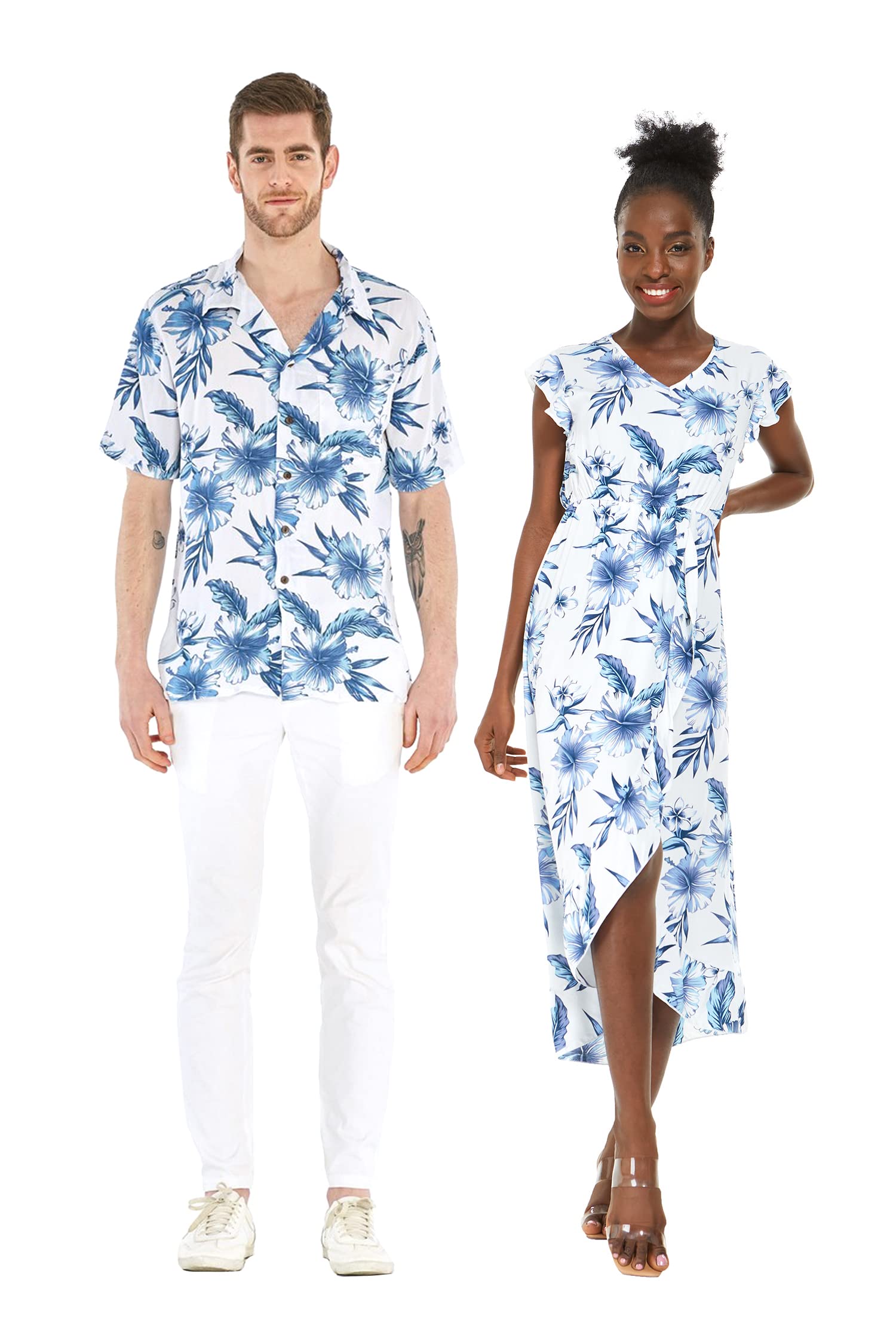 Hawaiian Couple Matching Outfits - Luau Shirt & Ruffle Wrap Dress Set in Day Dream Bloom Print | Tropical Beach Vacation, Summer Party, Honeymoon Outfits for Him & Her