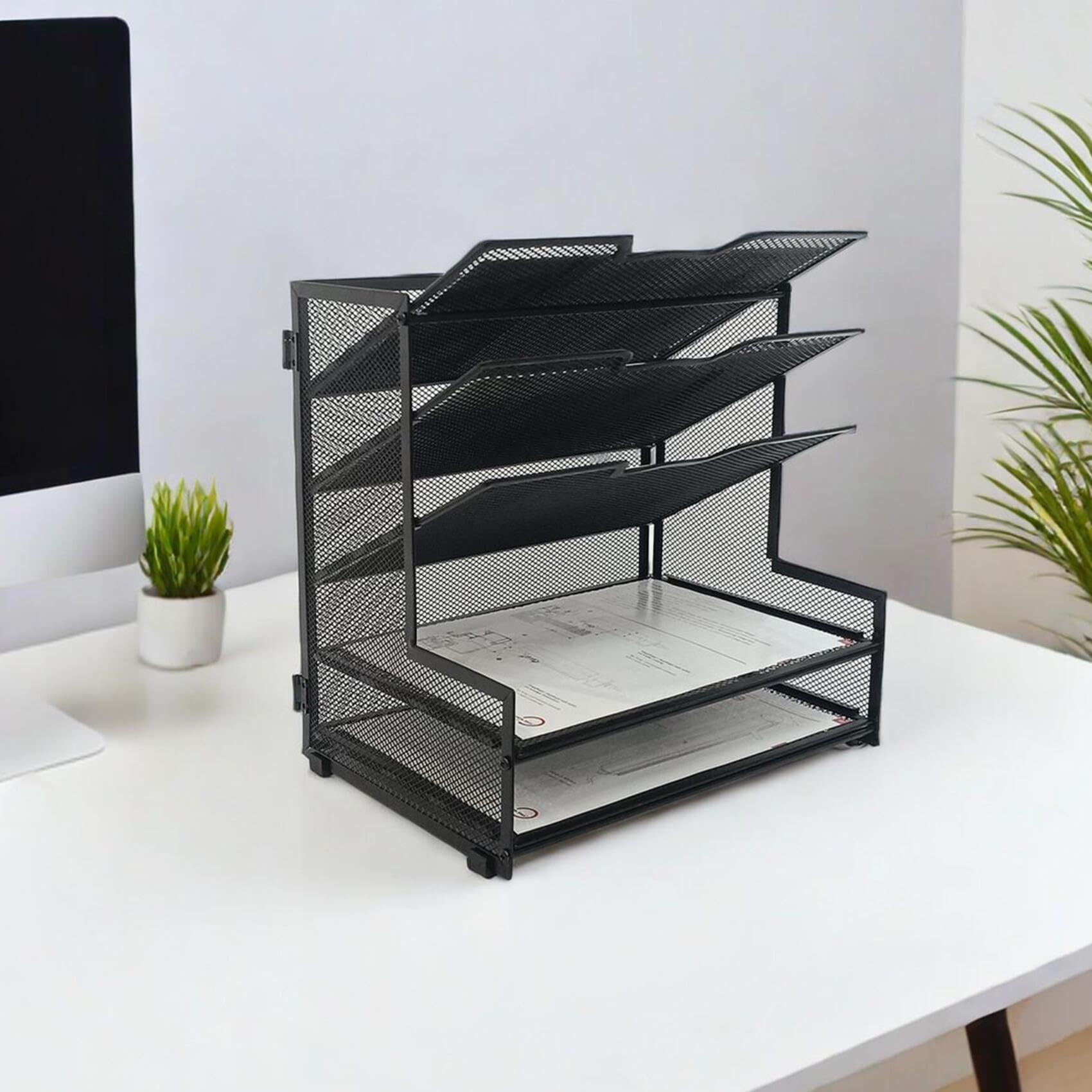 5-Tier Metal Mesh Desk Organizer - Black Office File Holder & Paper Organizer for Home & Office - Perfect for Desk Organization, Document Storage & Workspace Decluttering