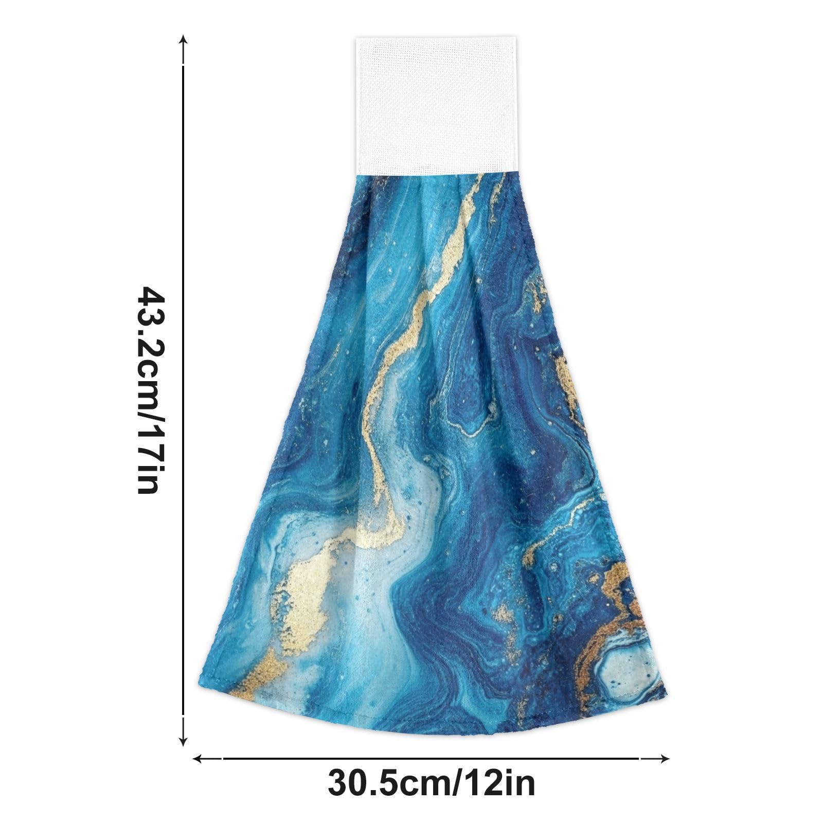 Boccsty Ocean Blue Marble Hanging Kitchen Towels Set of 2 - Absorbent Gold Marble Hand Towels with Loops for Dish Drying, Tea Bar & Bathroom - Farmhouse Home Decor & Housewarming Gift