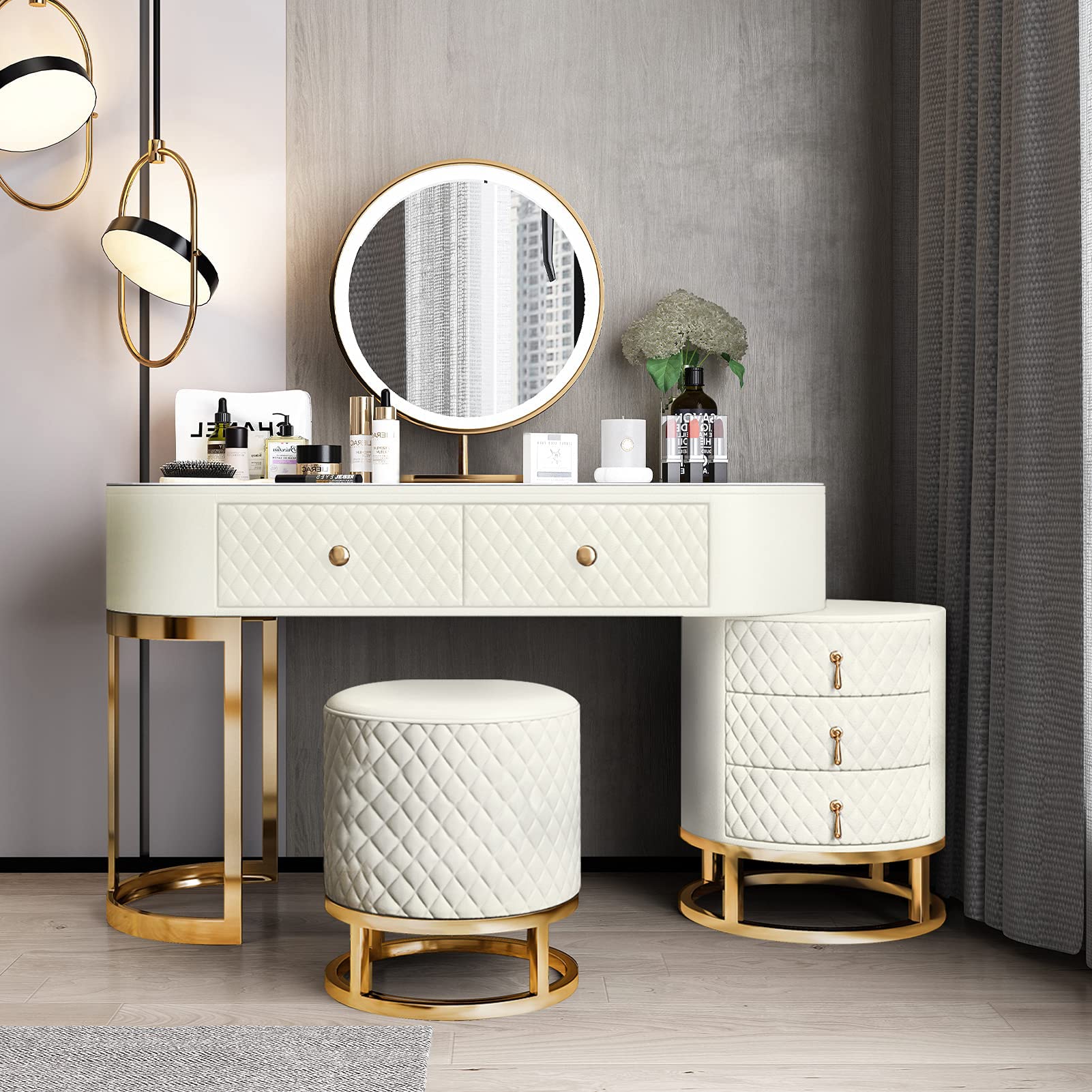 FUKAYI White Vanity Table Set with Lighted Mirror & Chair - 5-Drawer Makeup Dressing Desk for Women, Perfect for Bedroom, Bathroom & Dorm Room Organization