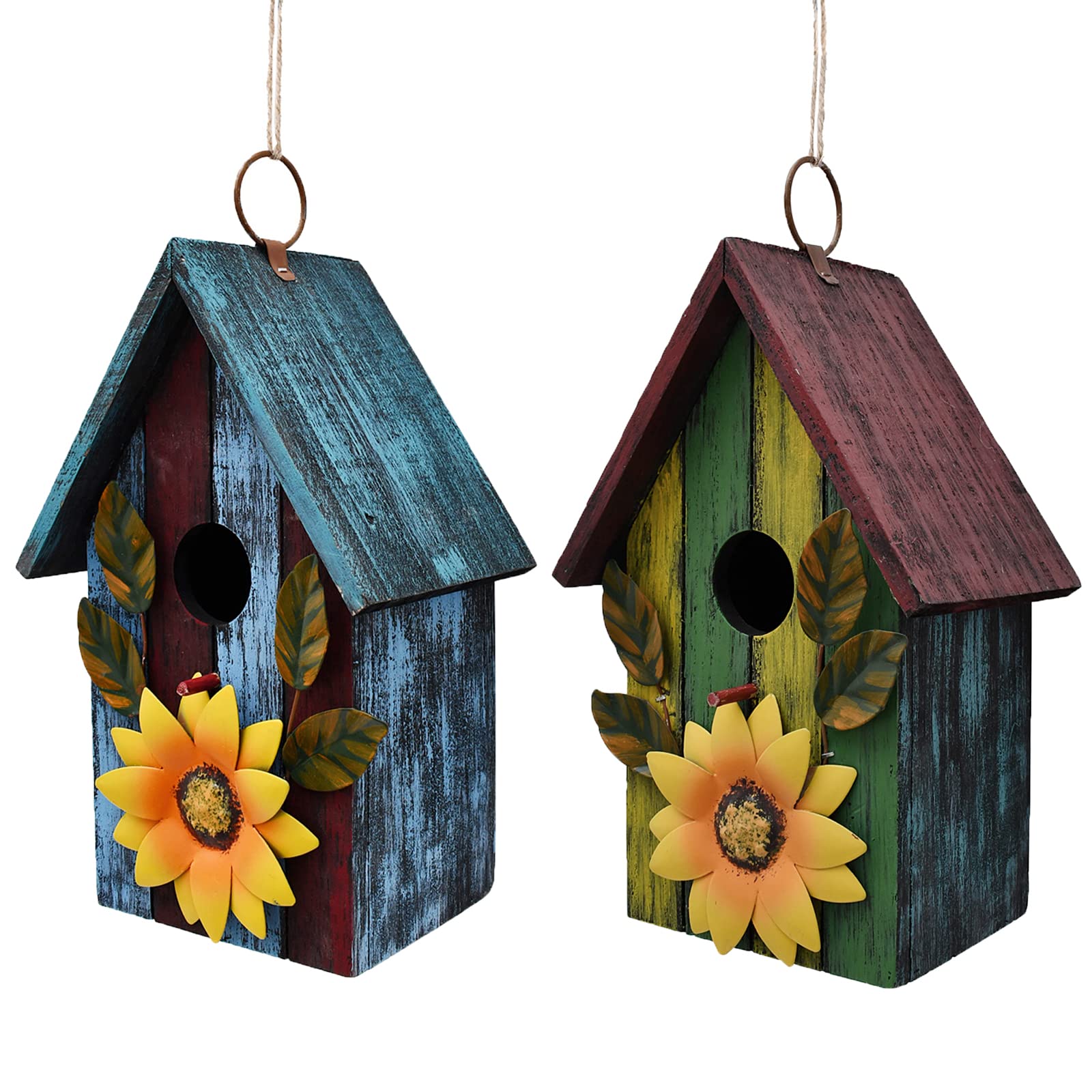 Hand-Painted Wooden Decorative Bird House for Outdoor Hanging - Hummingbird, Finch & Bluebird Nesting Box - Garden Decor for Patio, Yard & Backyard Bird Watching
