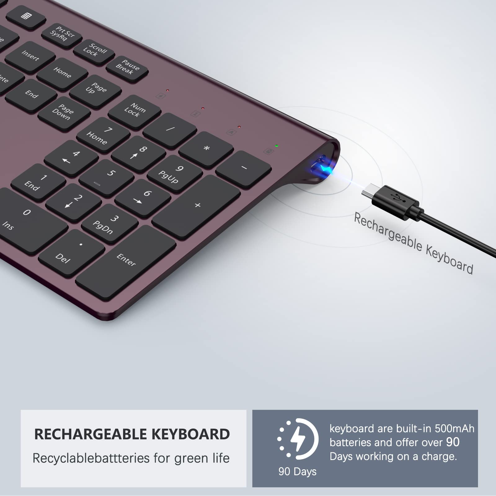 Rechargeable Wireless Keyboard - Silent Full Size with Numeric Pad for PC/Laptop/TV (Wine Red) - Home & Office Use