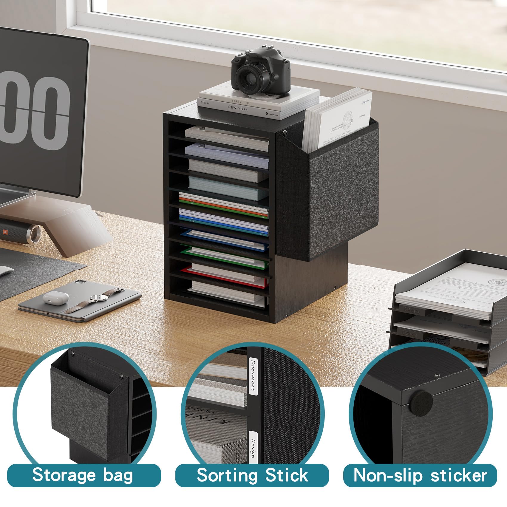 Wooden Office Mail Sorter with 10-Tier Adjustable Compartments & Storage Bag - Classroom Mailbox Organizer for Teachers, Students & Home Office - Perfect for Desk Organization, Paper Sorting & Document Management