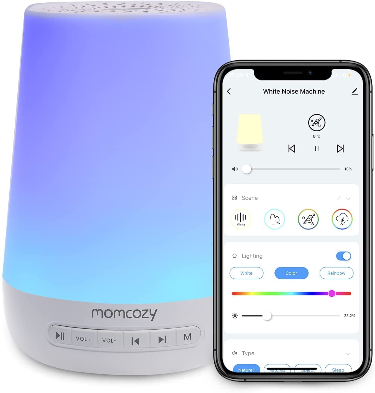 Momcozy Baby Sound Machine - White Noise Machine for Sleeping with Night Light, 34 Soothing Sounds, Timer & App Control | Sleep Trainer for Infants & Toddlers | Perfect for Nursery, Bedtime & Travel (Blue)