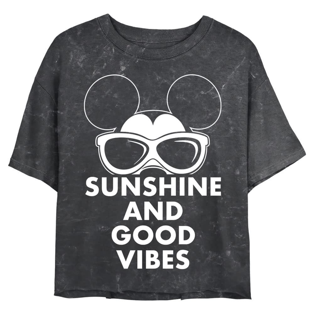 Disney Mickey Mouse Sunshine Graphic Women's Short Sleeve Crop T-Shirt - Soft Mineral Wash Cotton Top for Casual Wear, Summer Outfits & Disney Theme Park Visits