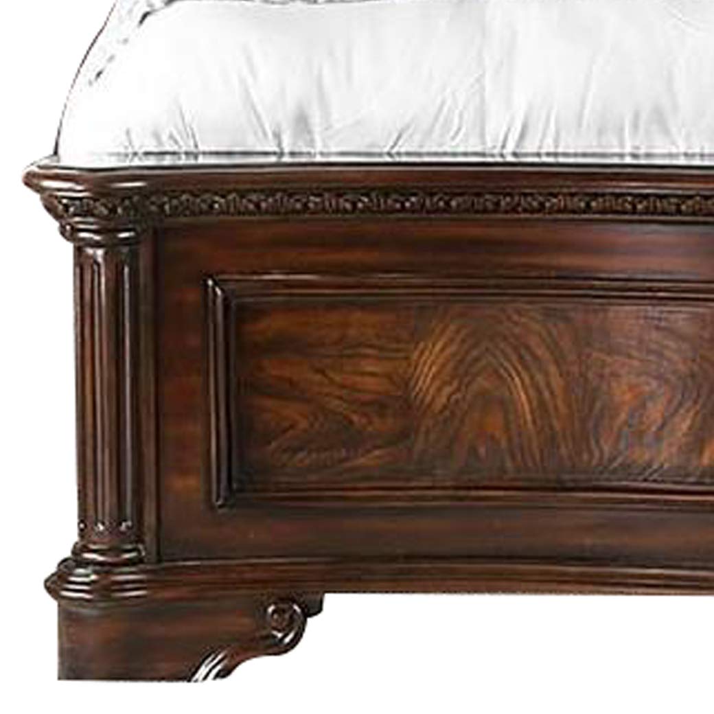 Benjara California King Wooden Bed with Intricate Carved Headboard - Solid Wood Frame, Brown Finish for Master Bedroom Elegance | Perfect for Luxurious Bedroom Decor and Spacious Sleeping Comfort