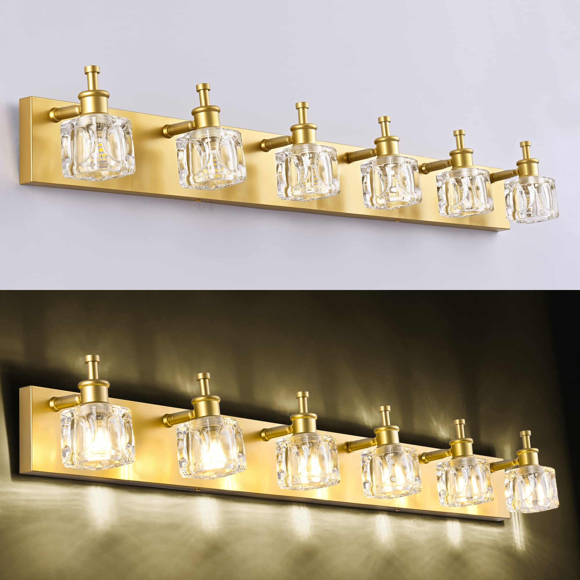 PRESDE 6-Light Modern Gold Crystal Bathroom Vanity Lighting Fixture - Elegant Mirror Lights for Bathroom Makeup & Decor (Bulbs Not Included) - Perfect for Master Bath, Powder Room & Spa-Style Vanity Areas