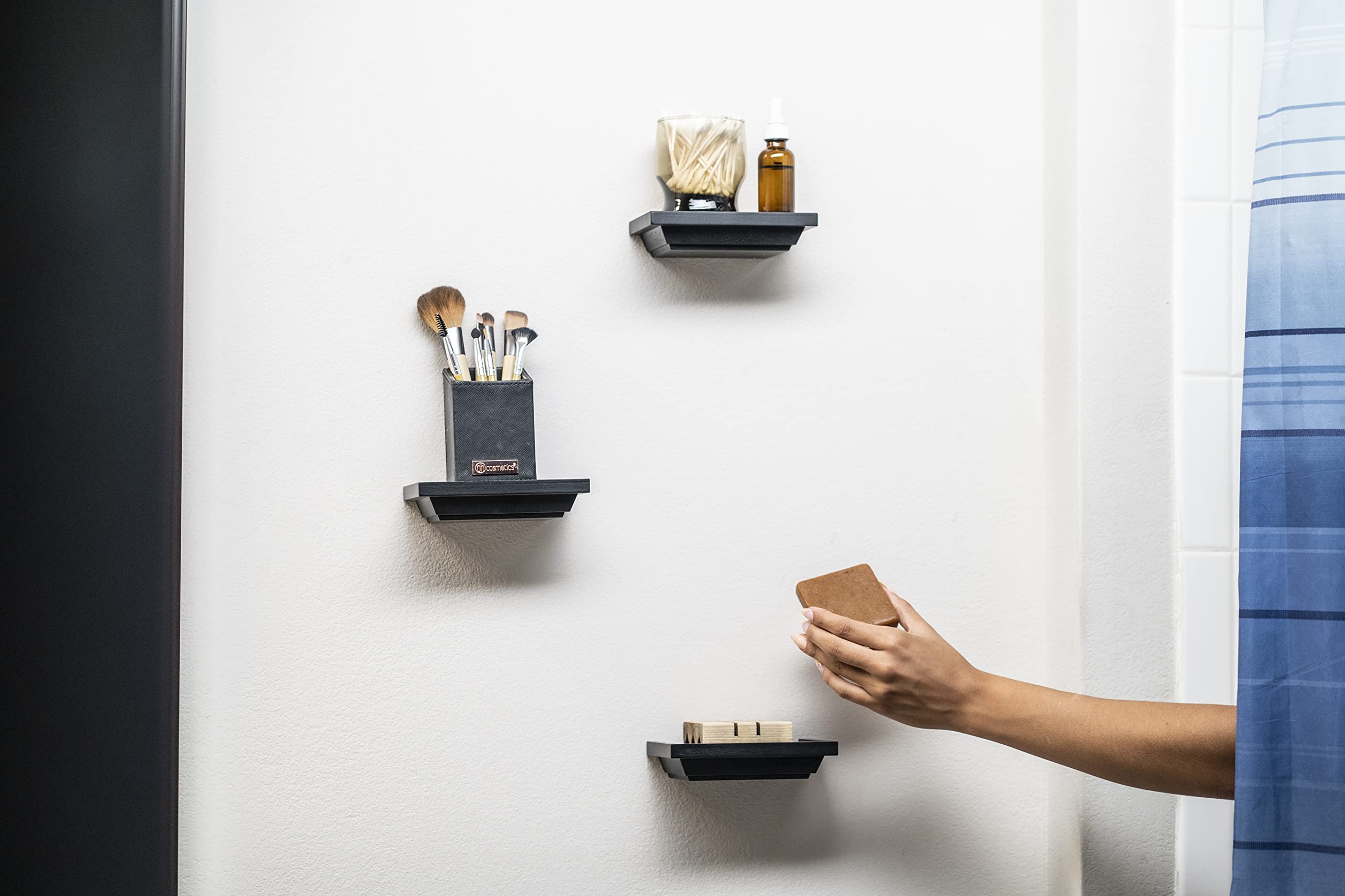 3-Pack Floating Wall Shelves Set - Small Decorative Shelves for Bathroom, Living Room, Kitchen, Bedroom & Office - 6x4 Inches Black Wall Mounted Shelves - Perfect for Organizing Essentials, Displaying Decor & Saving Space