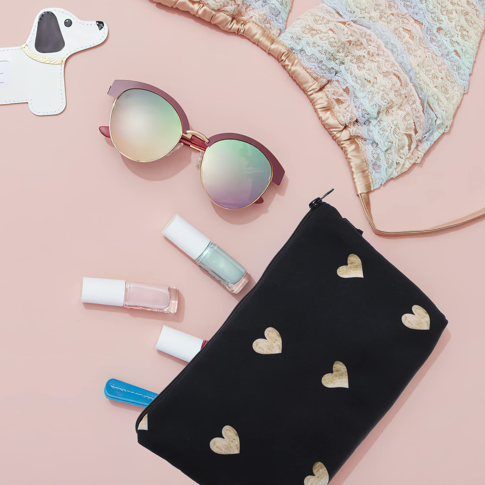 Lurrose Small Makeup Bag with Golden Heart Print - Waterproof Cosmetic Pouch & Travel Toiletry Bag with Zipper (8.7x1.2x5.3 inches) - Perfect for Travel, Gym, and Daily Organizer
