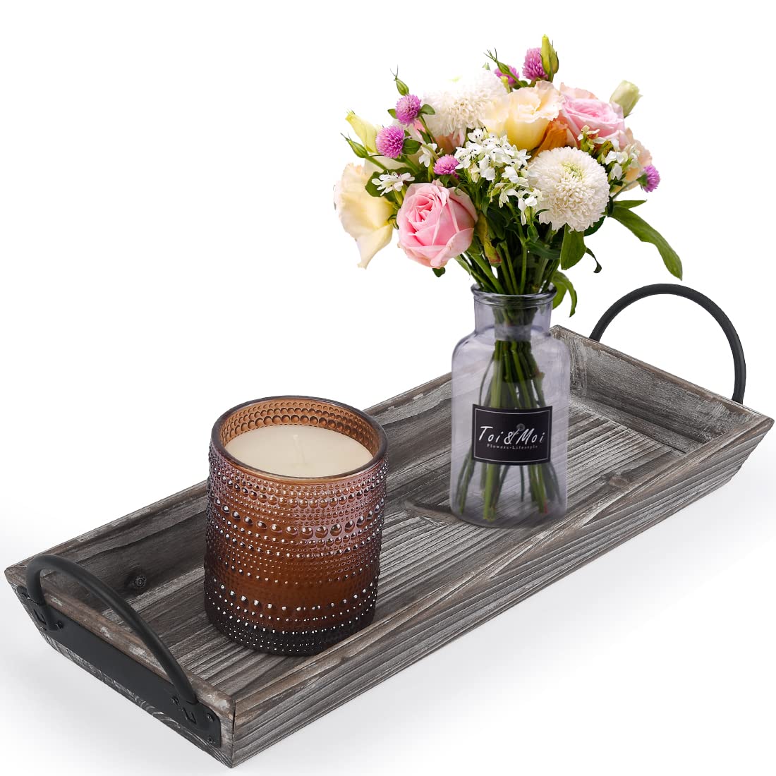 Wooden Tray Candle Holder with Black Metal Handles - Rustic Rectangular Centerpiece for Dining Table Decor | Farmhouse Style Home Accessory for Coffee Table, Kitchen Counter, Fireplace Mantel | Perfect for Romantic Dinners, Holiday Decor & Cozy Living Room Ambiance
