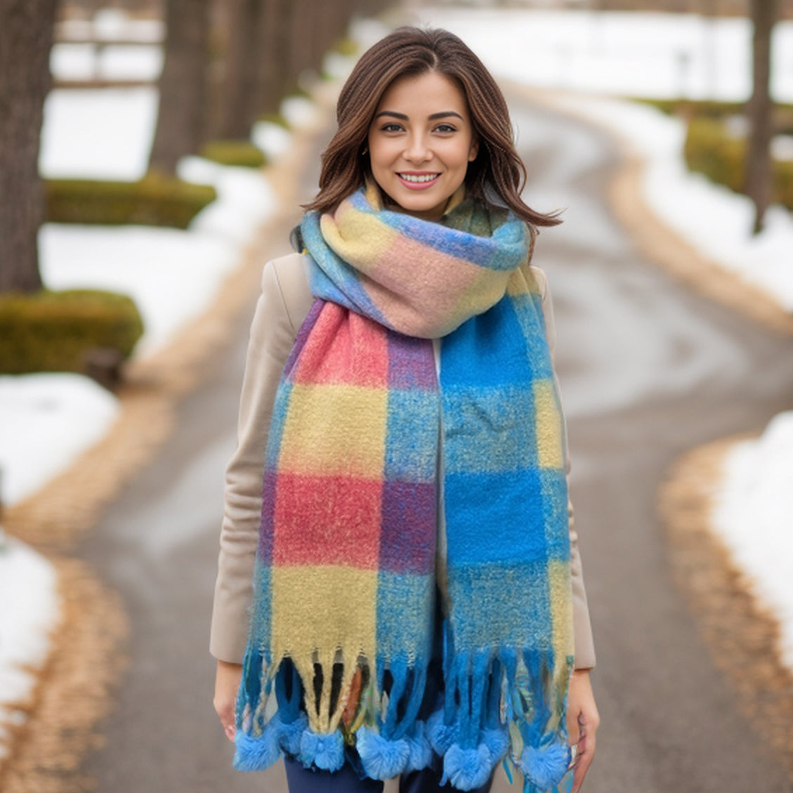 Extra Thick Check PomPom Scarf - 40x210cm Soft Winter Scarf for Women & Teens - Blue & Pink Plaid Fashion Scarf - Perfect for Cold Weather, Christmas Gifts & Outdoor Activities