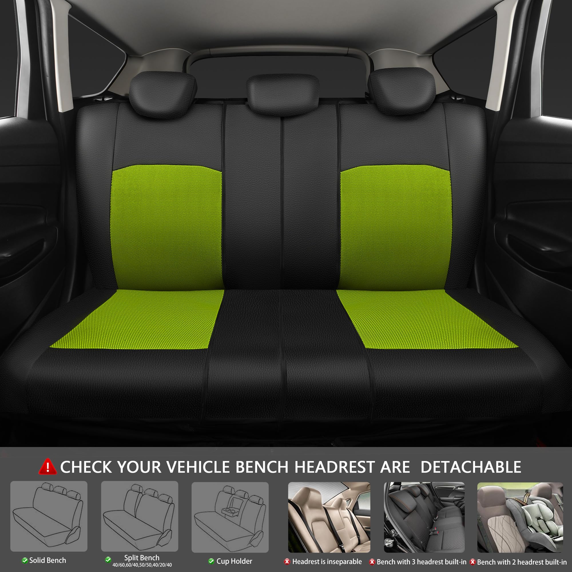 Premium Leather & Air Mesh Car Seat Covers Full Set - Universal Fit for Cars, Trucks, SUVs & Sedans | Airbag Compatible, Breathable Design | Black & Green Color | Perfect for Road Trips, Daily Commute & Interior Protection