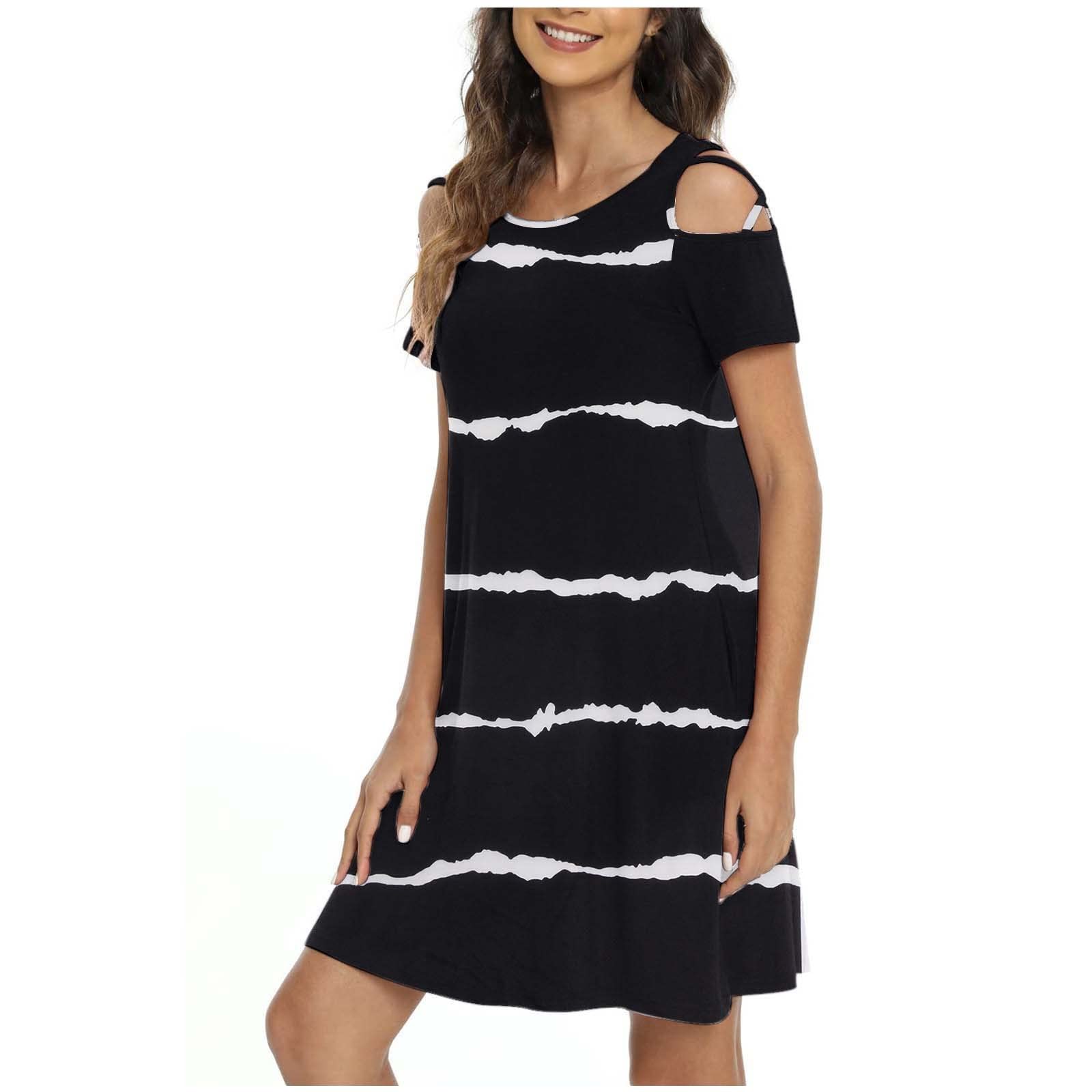 Women's Summer Casual Loose Print Cold Shoulder Short Sleeve Dress - Beach Mini Sun Dress with Crewneck | Perfect for Vacation, Pool Party & Outdoor Date Night