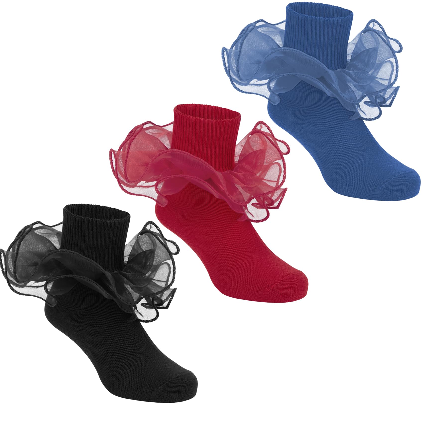 Durio Girls Ruffle Socks - Toddler Baby Girl Socks with Big Double Lace, Colorful Frilly Dress Socks for Toddler Girls & Kids - Perfect for Birthday Parties, Photo Shoots & Special Occasions