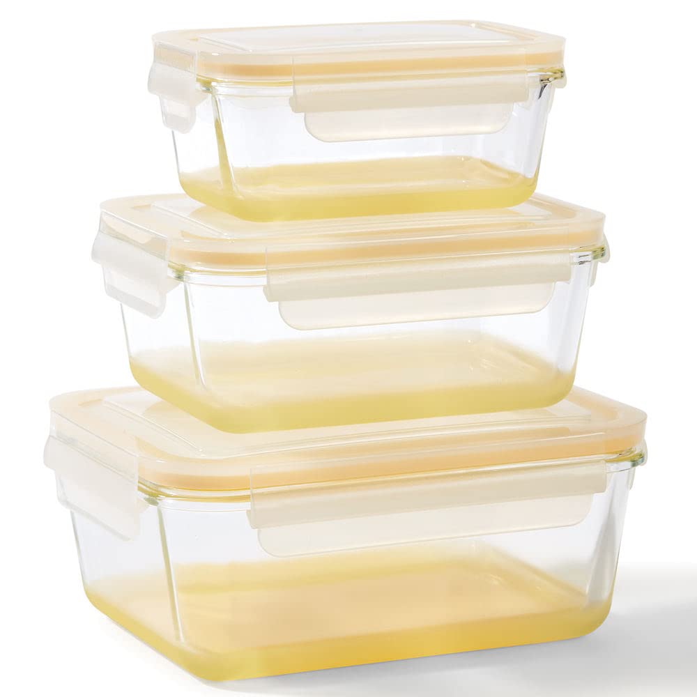 Phantom Chef Nestable Glass Food Storage Containers with Lids - BPA-Free, Microwave & Dishwasher Safe - Perfect for Meal Prep, Leftovers & Pantry Organization (Yellow)
