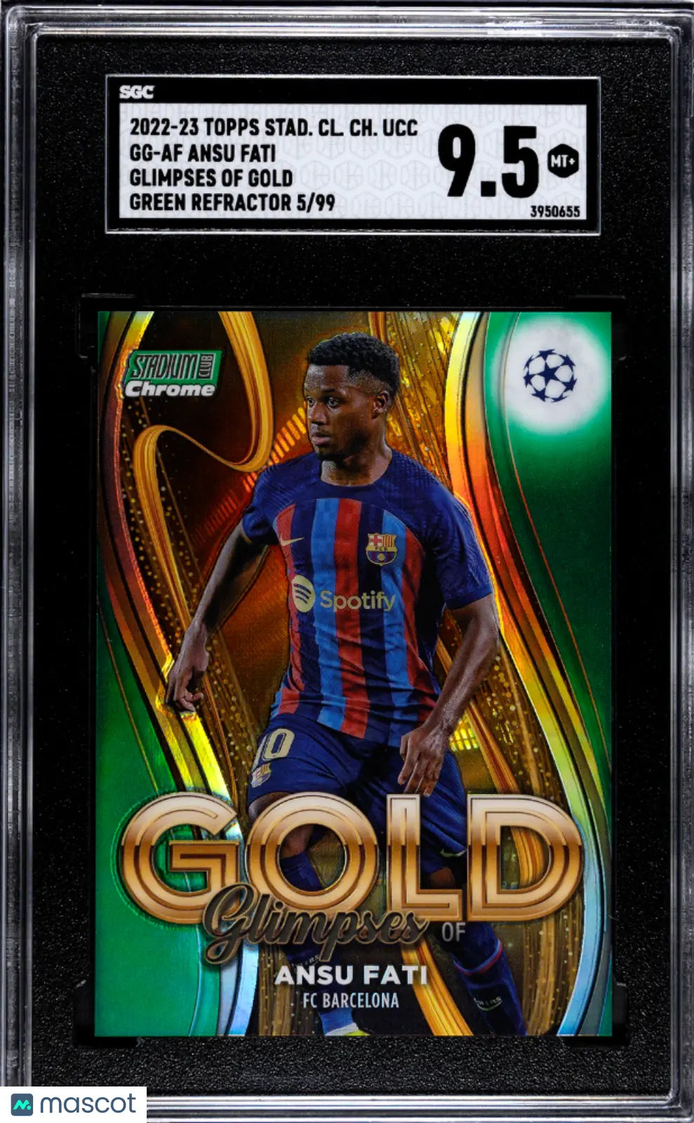 2022 Stadium Club Chrome UCC Ansu Fati Glimpse of Gold Green Refractor SGC 9.5 /99 - Rare Soccer Trading Card for Collectors & Sports Memorabilia Enthusiasts - Perfect for Display, Investment & Gifts