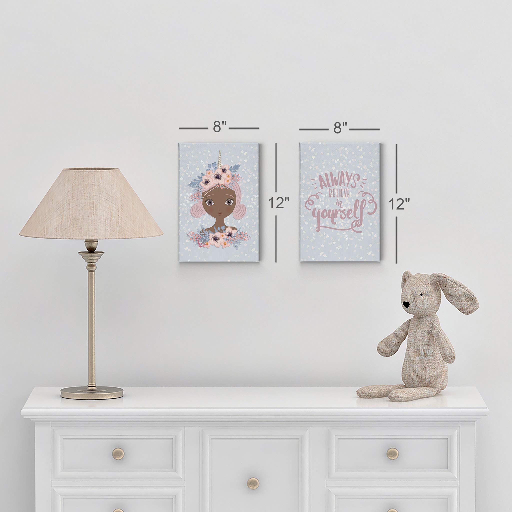 African American Unicorn Wall Art Canvas Prints - 2 Panel Set (36x24 Inches) Ready to Hang, Handmade in USA - Inspirational Nursery Decor, Kids Room Decor, Baby Girl Wall Decor - Perfect for Bedrooms, Playrooms & Gift Giving