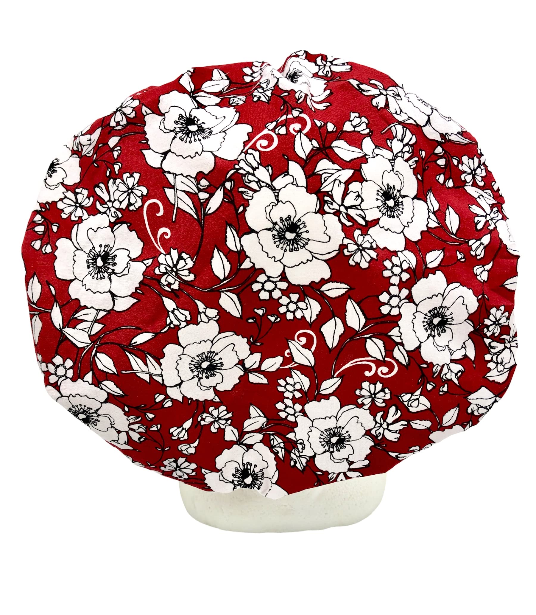 Bouffant Scrub Cap for Women - Surgical Cap with Modern Abstract Black Line & White Flowers Design, Red Polka Dot Headband Bow - Perfect for Nurses, Doctors, and Medical Professionals