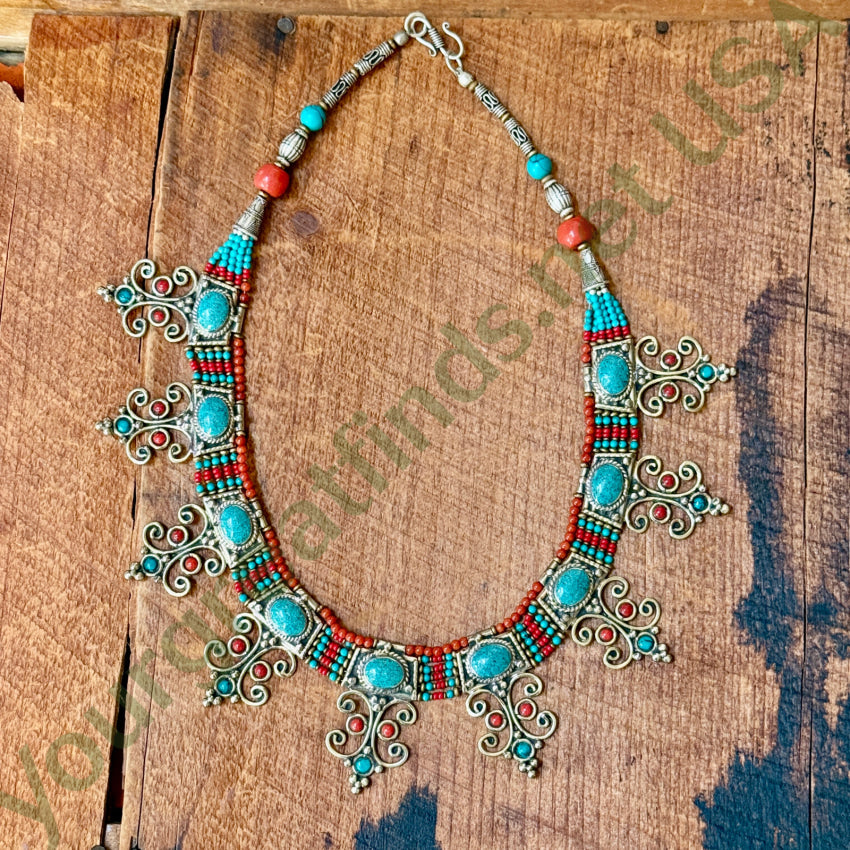 Handmade Tibetan Alpaca Silver Necklace with Turquoise & Coral Beads - Boho Chic Jewelry for Women, Perfect for Festivals, Weddings & Special Occasions