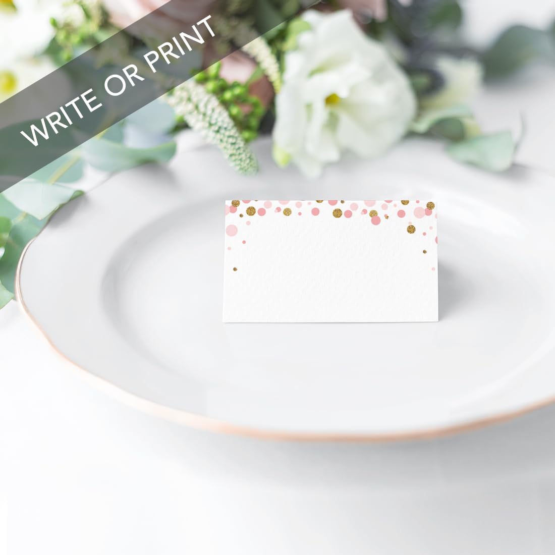 Blush Pink Gold Glitter Printable Table Tent Place Cards - 20-Pack Baby Shower, Wedding & Graduation Name Cards for Table Settings - Perfect for Seating Arrangements, Food Labels & Special Events