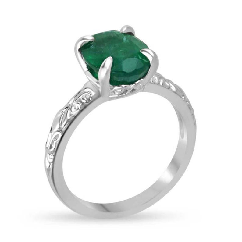 3.11ct Oval Dark Green Emerald Solitaire Ring in 14K White Gold - Elegant Engagement, Wedding, Anniversary Jewelry Gift for Women