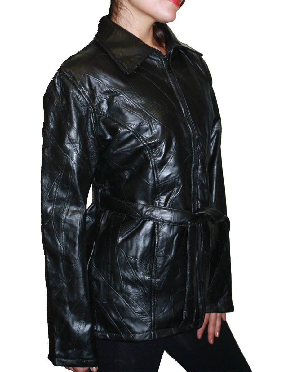 Genuine Patchwork Leather Jacket for Women with Zipper Waist Cut & Belt - Stylish Outerwear for Casual, Office & Evening Wear