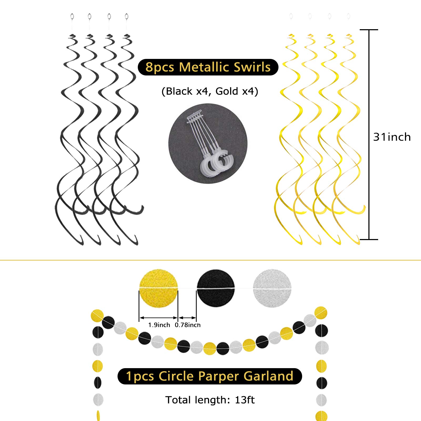 Black & Gold Birthday Decorations Set - Happy Birthday Banner, Paper Pom Poms, Circle Garland & Hanging Swirls for Party Decor | Perfect for Adult Birthday Parties, Anniversary Celebrations & Elegant Events