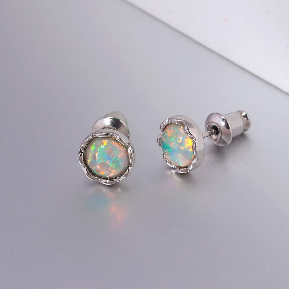 14K White Gold Plated Opal Stud Earrings for Women - 7mm Round Genuine Opal Jewelry - Perfect for Weddings, Parties & Everyday Wear