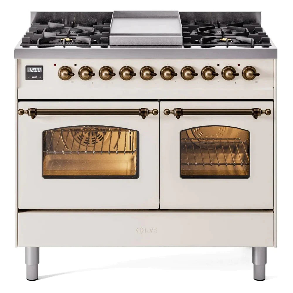 ILVE 40 Nostalgie II Series Freestanding Double Oven Dual Fuel Range - 6 Sealed Burners & Griddle - Professional Gas & Electric Range for Home Kitchen - Perfect for Baking, Roasting & Family Cooking (Model UPD40FNMP)
