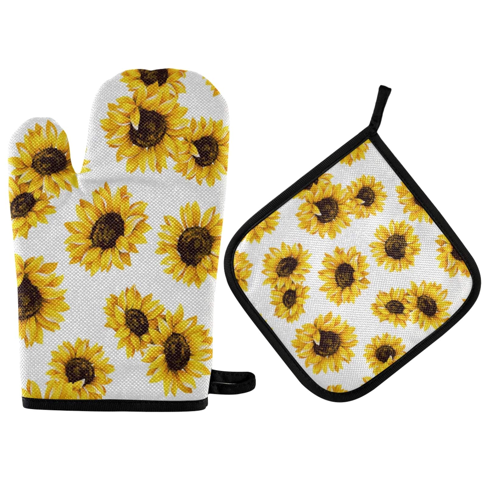 Emelivor Sunflower Pattern Non-Slip Oven Mitts & Pot Holders Set - Yellow Vibrant Kitchen Mittens for Cooking, Baking, Grilling - Perfect for Home Kitchen & BBQ Use